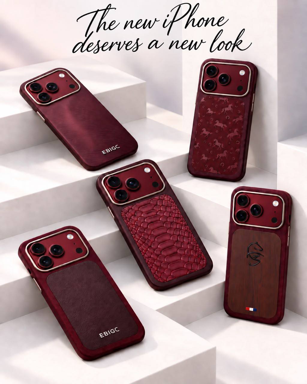 iPhone 18 Pro Max in deep red, front and back, on a stone plinth